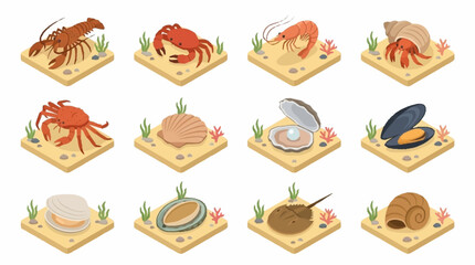 Assorted Seafood and Shellfish Flat Vector Illustration. © Lucas