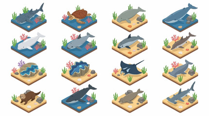 Colorful Isometric Marine Life and Dinosaurs Illustration. © Lucas