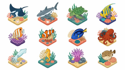 Colorful Isometric Ocean Creatures Collection. © Lucas