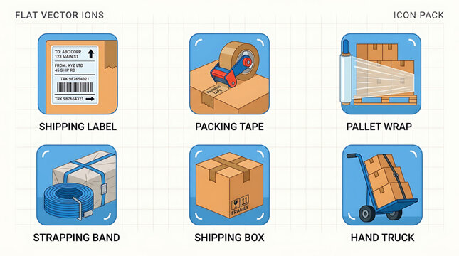 A collection of shipping icons including a label, packing tape, pallet wrap, strapping band, shipping box, and hand truck on a flat surface.