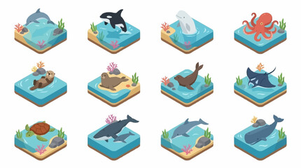 Colorful Isometric Ocean Animals on Small Islands. © Lucas