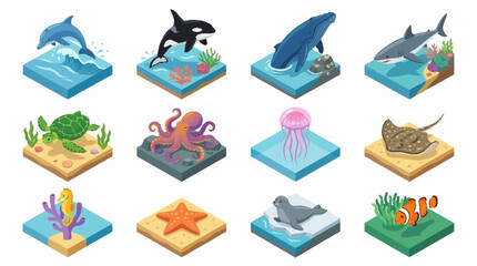 Colorful Isometric Ocean Creatures and Coral Reef Scene. © Lucas