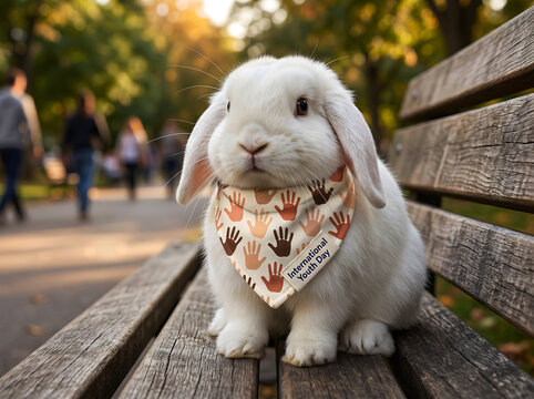 Cute white lop eared rabbit wearing bandana with hand print pattern sitting on wooden bench outdoors.