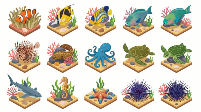 Colorful cartoon sea creatures on isometric blocks.