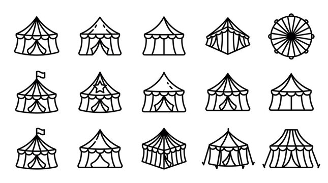 Collection of various black outline circus tent icons and one Ferris wheel icon on a clean white background