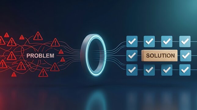 Digital transformation process converting chaotic problem network into organized solution workflow through glowing technological gateway