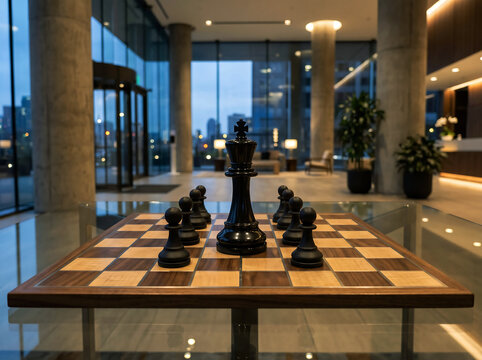 A large chess set featuring a prominent king and pawns displayed on a glass table within a modern, upscale hotel lobby during evening hours.