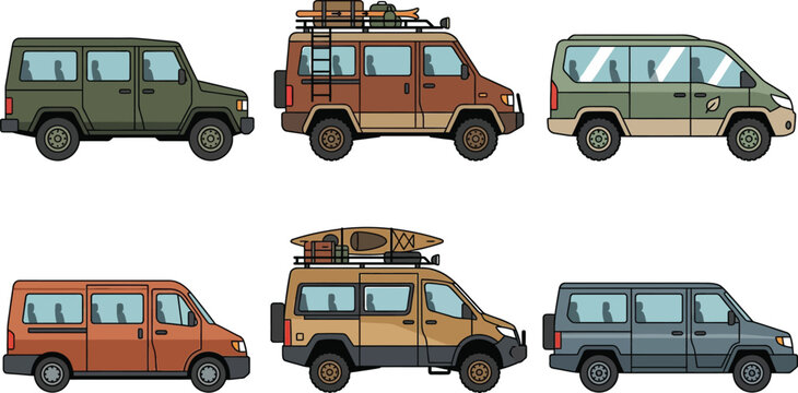 Set of earth tone passenger transport vans for rural shuttle, mountain travel, and outdoor adventure trip services