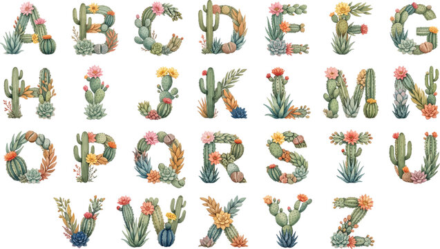 Alphabet set of letters made of green cactus plants with desert flowers and succulents for creative typography design projects