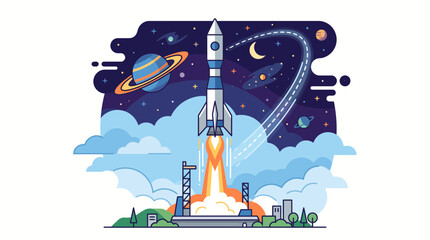 Naklejka premium Rocket launching into space with vibrant orange flames and celestial background for World Space Week