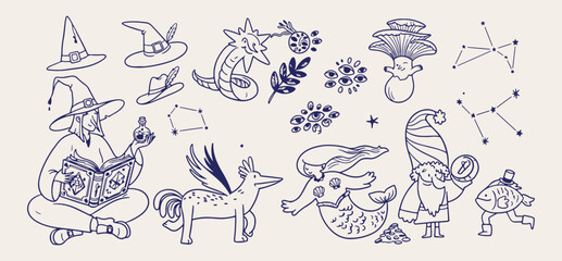 ancient mythical pegasus unicorn pattern, hand drawn magical animal wallpaper, fairy tale book story scene, blue line art constellation graphic, whimsical creature  © Geetaroy