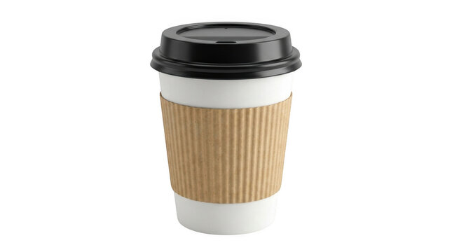 Coffee cup with black lid and cardboard sleeve isolated PNG, hot beverage container for cafe and restaurant use on transparent background