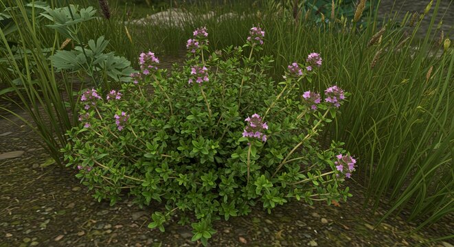 Blooming Thyme Bush with Tiny Purple Flowers in a Garden Setting