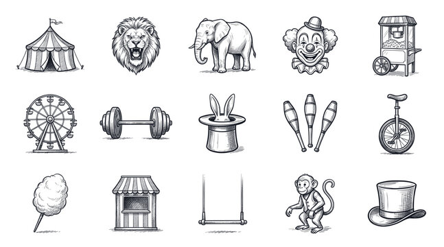 Collection of hand-drawn vintage circus elements, including a tent, lion, elephant, clown, and various props, isolated on a white background