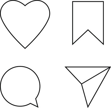  Media Icons interface social media like, chat, send and save symbols. Minimal ig set Like, Comment, Share, Save. 