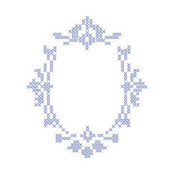 Ornate cross-stitch oval frame border isolated on white background. A geometric pixelated embroidery wreath pattern for monograms, sampler designs, and traditional needlework crafts.