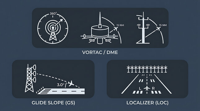 A detailed illustration of aviation navigation symbols including VORTAC, DME, Glideslope, and Localizer systems on a dark background