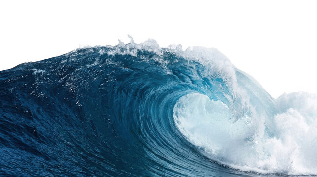 Powerful ocean wave PNG isolated on transparent background, turquoise water curl with foam for surfing and marine themed designs