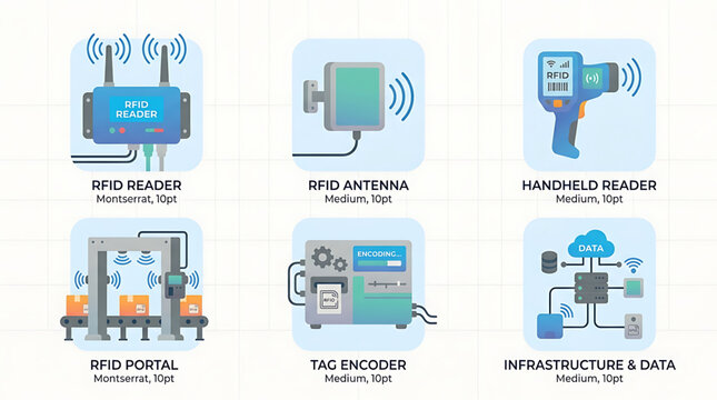 A detailed illustration of various technology devices and infrastructure components including an RFID reader, antenna, handheld reader, portal, tag encoder, and data system.