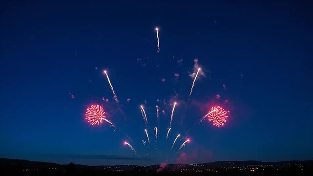 A vibrant heart shaped firework display illuminates the dark night sky above a distant horizon