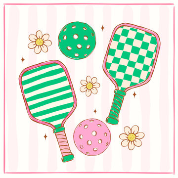 Trendy Retro Green Pink Pickleball Paddle and Ball Hand Drawn Set, Striped and Checkered Pattern