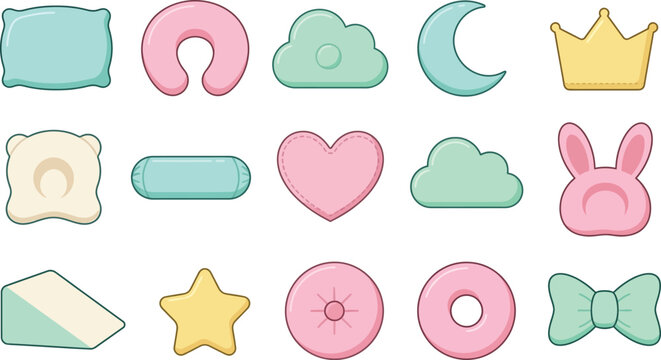 Set of fifteen cute nursery room decor icons including pillows clouds stars and crowns in soft pastel colors