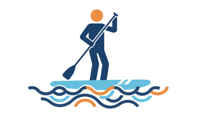 Fototapeta premium Minimalist graphic of a person standing on a paddleboard over rhythmic blue waves on a white background summer outdoor fitness and wellness concept