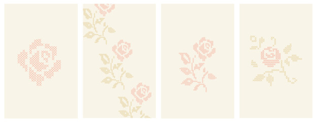 Fototapeta premium Cross stitch embroidery rose notes background templates. A geometric pixelated needlework vintage layout set for cottagecore vertical stories, romantic journal pages, and stationary design. Vector.