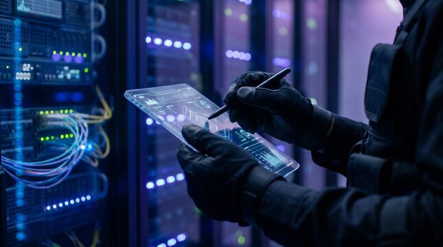Professional IT Technician Using Futuristic Transparent Tablet to Manage Data in a High-Tech Server Room