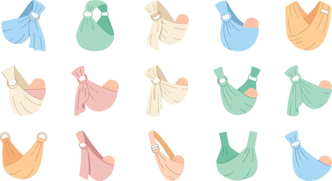 Set of fifteen isolated baby slings and ring carriers in a flat vector style for parents and baby carrying