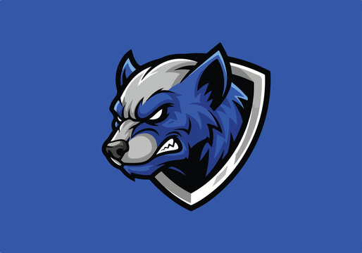 Aggressive blue wolf mascot head logo design.