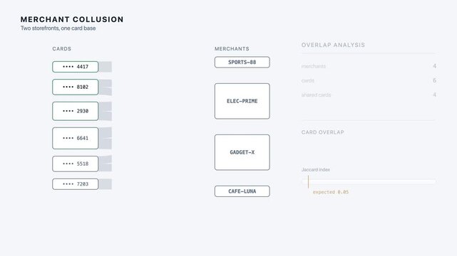 Animated visualization of merchant collusion and shared card base overlap concept