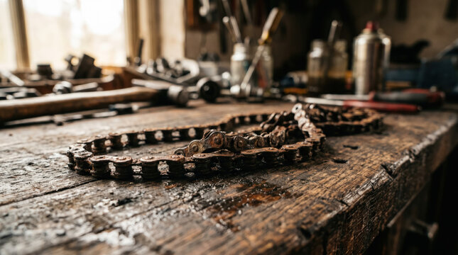 DIY Bicycle Repair and Maintenance in Home Garage. Bicycle chain resting on a wooden workbench surrounded by various tools and maintenance supplies in a home garage setting