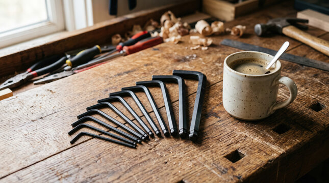 DIY Bicycle Repair and Maintenance in Home Garage. Set of black hex keys arranged on a wooden workbench with a cup of coffee and various tools in a home garage
