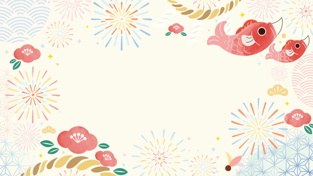 Japanese New Year watercolor background vector. Red sea bream fish, plum blossoms, fireworks, traditional wave and geometric patterns with copy space for greeting card, banner and poster.