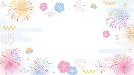 Japanese summer festival watercolor background vector. Pastel fireworks, plum flowers, clouds, wave motifs and geometric decorations with copy space for greeting card, banner and poster. © TWINS DESIGN STUDIO