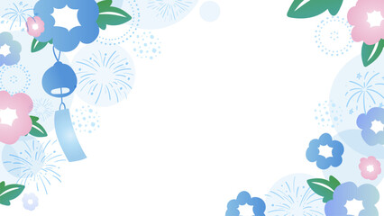 Fototapeta premium Japanese summer festival background vector. Blue and pink morning glory flowers, wind chime and fireworks frame with copy space. Design for greeting card, banner and poster.