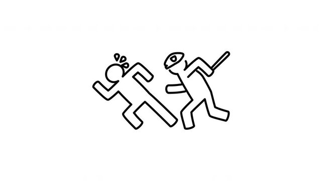 Minimalist outline animation of an officer running after a fleeing suspect in a fast police chase drawing on and fading out. Features 3 color setups.
