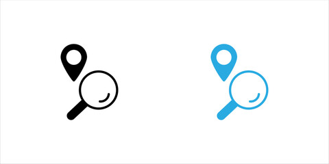 Black glyph icon set. combining a magnifying glass with a map pin to represent location search, navigation, maps, and geographic discovery. © Muhammad