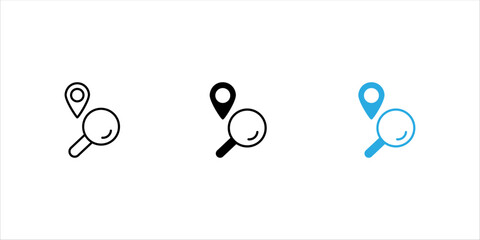 Black glyph icon set. combining a magnifying glass with a map pin to represent location search, navigation, maps, and geographic discovery. © Muhammad