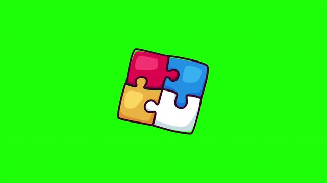 Animated colorful puzzle piece icon connecting, solution and teamwork symbol, flat doodle style, green screen and white background