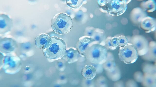 3D molecules float inside transparent serum liquid. Ideal for skincare ads, cosmetic product visuals, and anti-aging ingredient presentations.