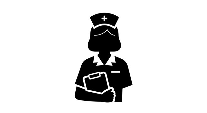 Black silhouette icon of a professional nurse holding a medical clipboard.