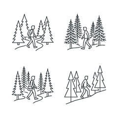 Obraz premium Hikers in Pine Forest - Line Art Icons Set