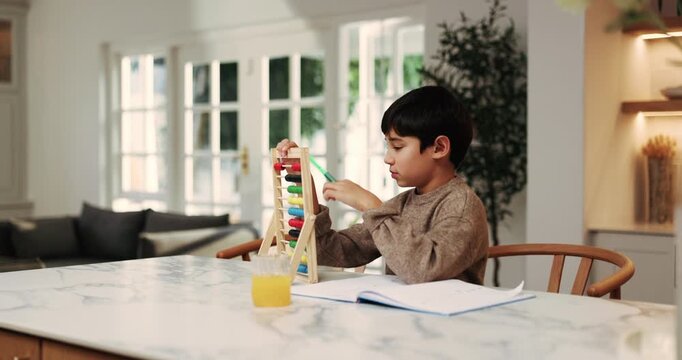 Child, student and counting in home with abacus, practice math and homework for education. Kid, calculate or learning toys at house with notebook, problem solving and number beads for academic study