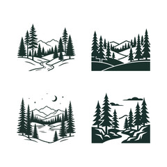 Obraz premium Vector Forest Landscape Set: Mountains, Rivers, Trees, Night Sky
