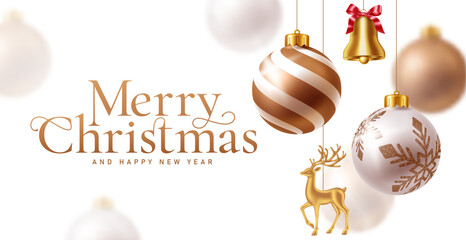 Elegant Gold Merry Christmas Banner clipart design. Luxury gold Christmas and New Year greeting text with baubles, golden bell and gold reindeer hanging ornaments clip art for holiday banner, social  © PixelFoxx