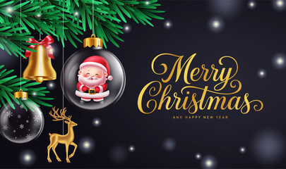 Merry Christmas and Happy New year greeting clipart background design. Elegant Christmas greeting card with glass ball, golden bell, gold reindeer hanging ornament and pine branches in bokeh lights  © PixelFoxx