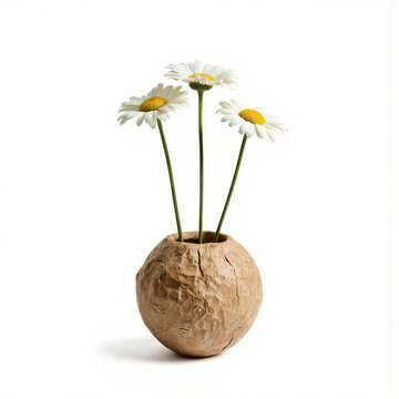 Paper mache orb. Three stems of chamomile (Anthemis nobilis) arranged in a rough handmade paper mache sphere vase in natural