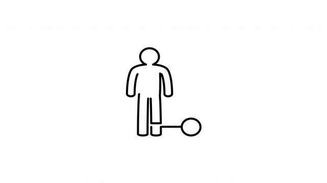 Minimalist outline animation of an inmate standing with a traditional heavy ball and chain shackle drawing on and fading out. Features 3 color setups.